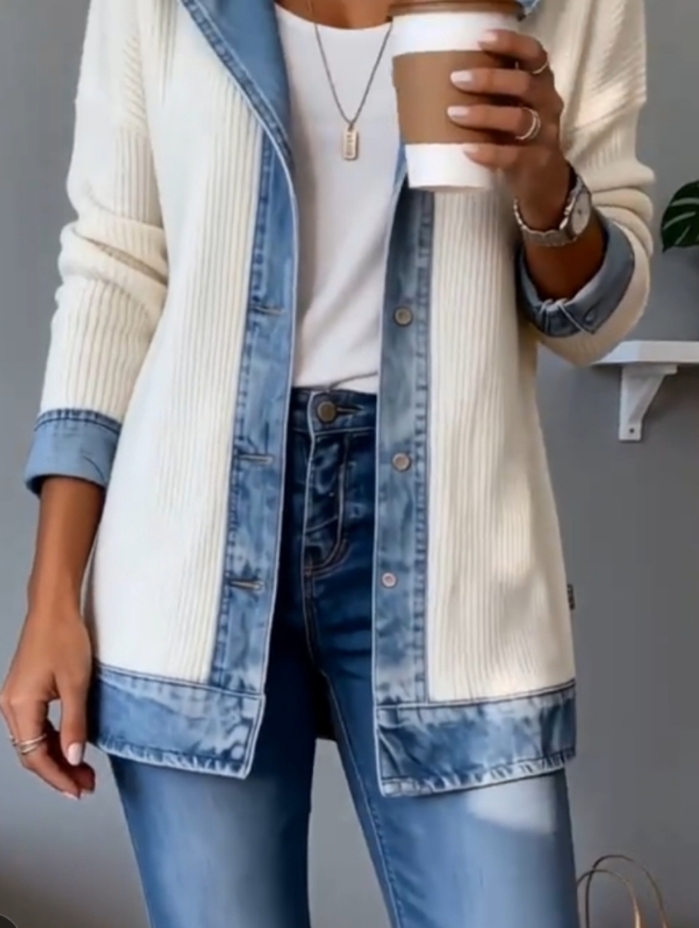 Cream Ribbed Cardigan with Light Blue Denim Trim (L) Brand new w/o tags! - Picture 2 of 5